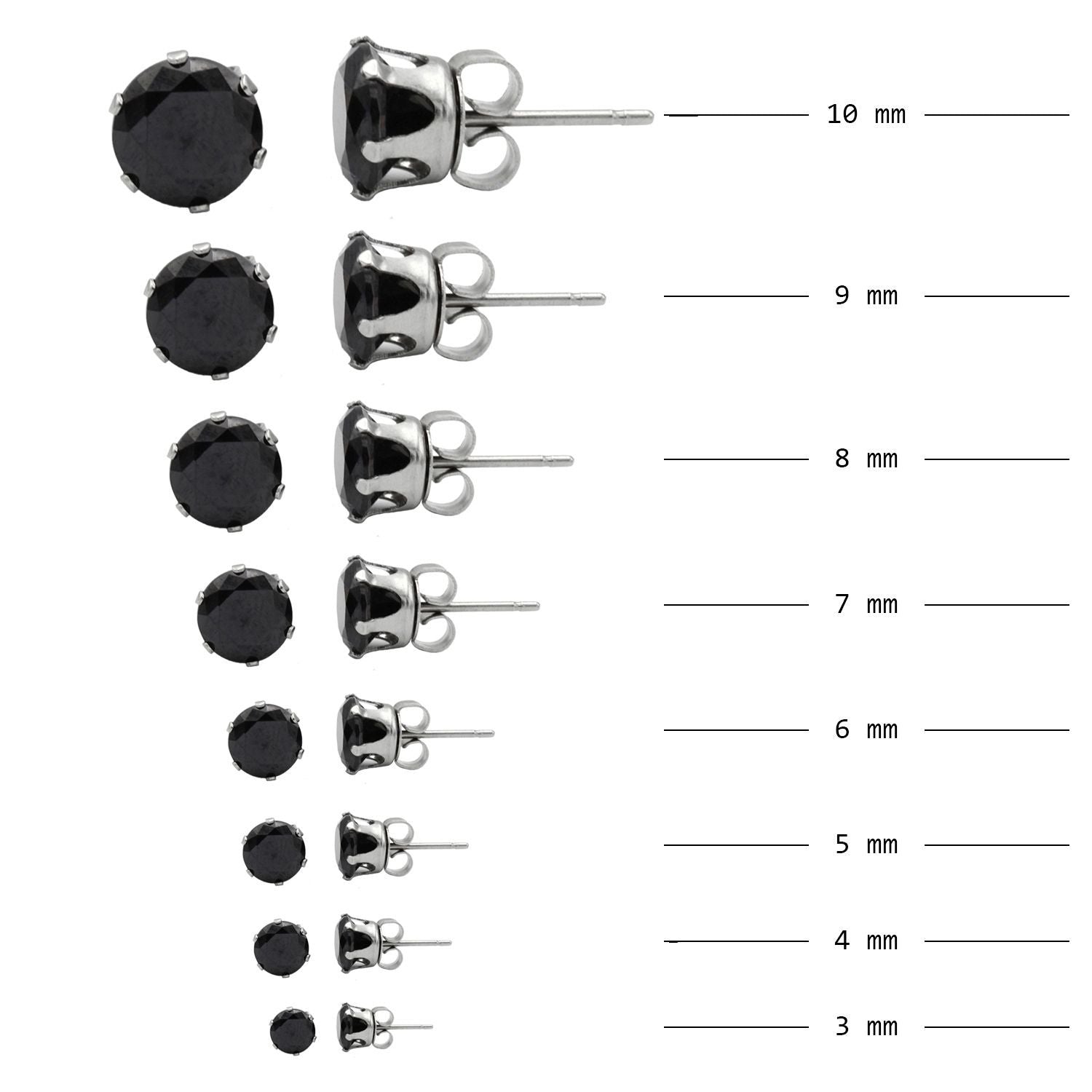 Cubic Zirconia Round Black Stud Earrings Set Of 4 Stainless Steel Jewelry Men Women