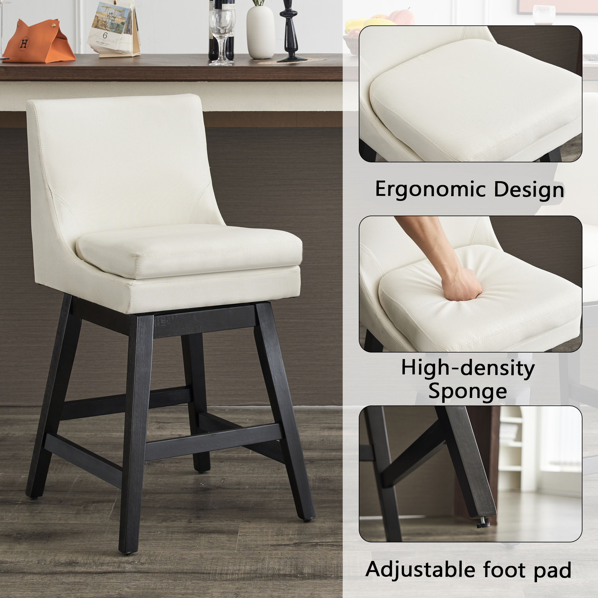 Upholstered Swivel Bar Stools With (Set of 2) - Cream White