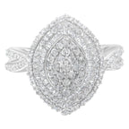 .925 Sterling Silver 1.0 Cttw Round & Baguette-Cut Diamond Marquise-Shaped Cluster Triple Stepped Halo Cocktail Fashion Ring (I-J Color, I2-I3 Clarity) - Size 7