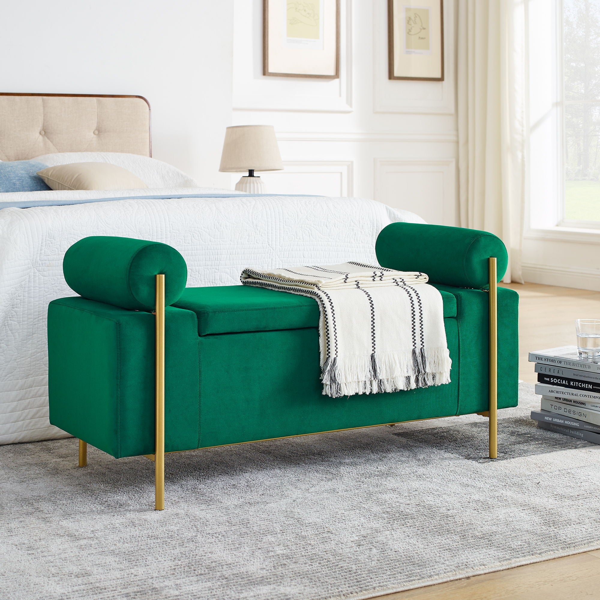 Elegant Upholstered Storage Bench With Cylindrical Arms And Iron Legs