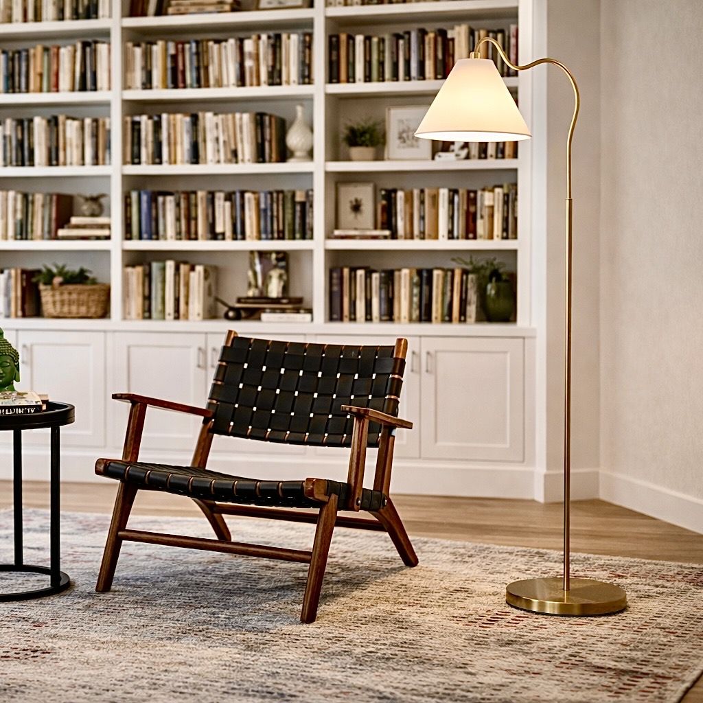 Majestic - Ring Base Curved Floor Lamp With Triangle Drum - Gold / White