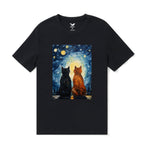 Hawaiian Tee For Men Cats In Love Van Gogh Tee Crew Neck 100% Cotton - BLACK