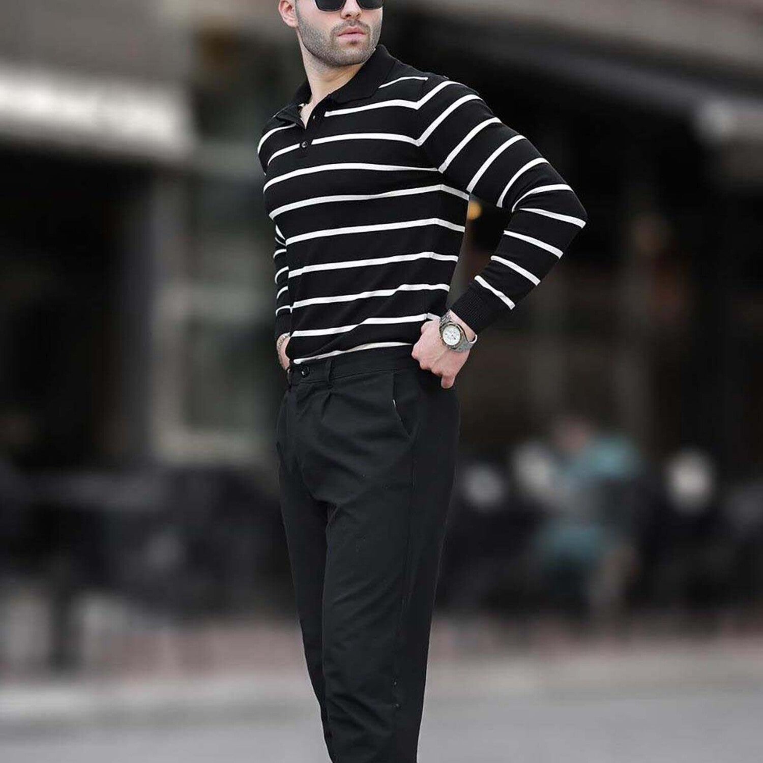 Striped Polo Sweater // Black