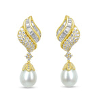 18k Yellow Gold 7.0 Cttw Baguette and Round Diamond South Sea Pearl Drop Dangle Clip-On Earrings (F-G Color, VS1-VS2 Clarity)