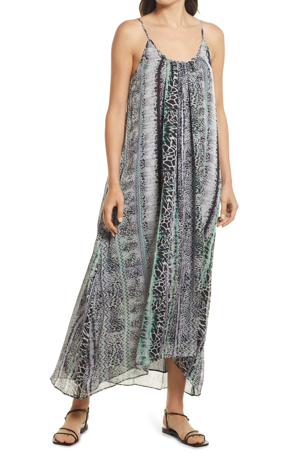 Chelsea28 Animal Print Double Scoop Chiffon Maxi Dress in Green Juniper Animal, Size Medium