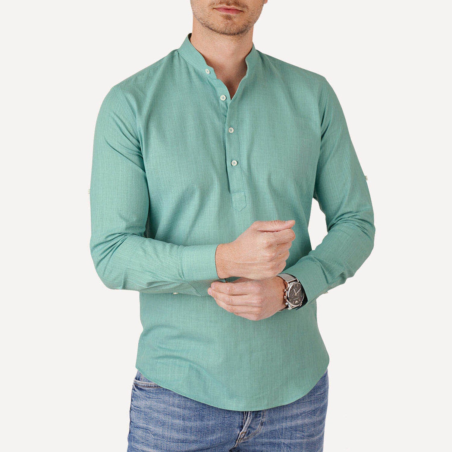 Banded Collar 3 Button Shirt // Mint Green