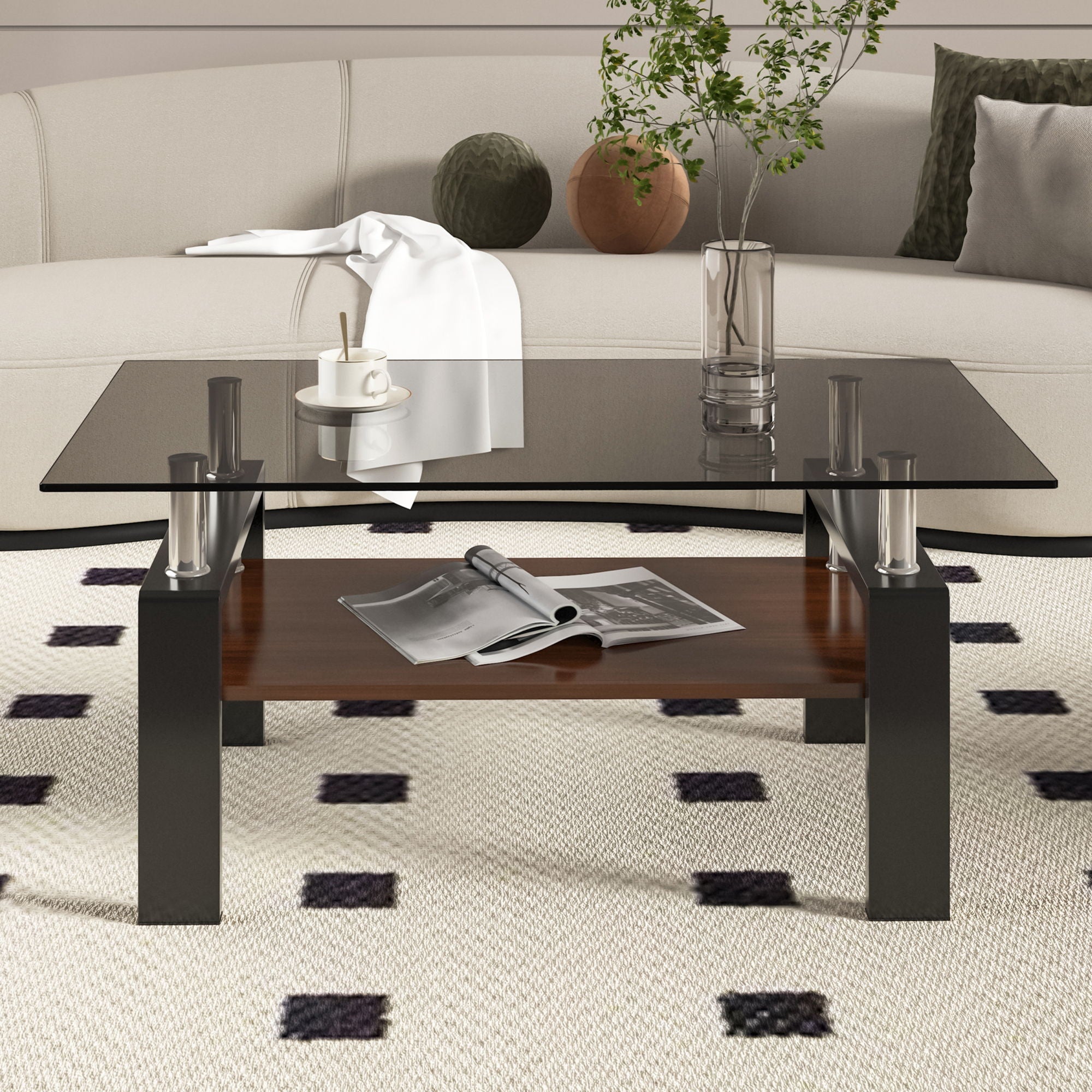Modern Rectangular Coffee Table With Tempered Transparent