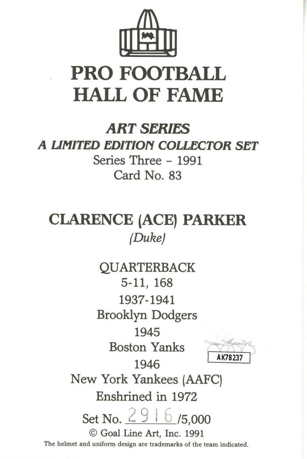 Clarence Parker HOF Autographed Goal Line Art GLAC Postcard Dodgers JSA 180897