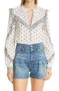 Veronica Beard Abra Tie Neck Cotton Blouse, Size 4 in White Multi