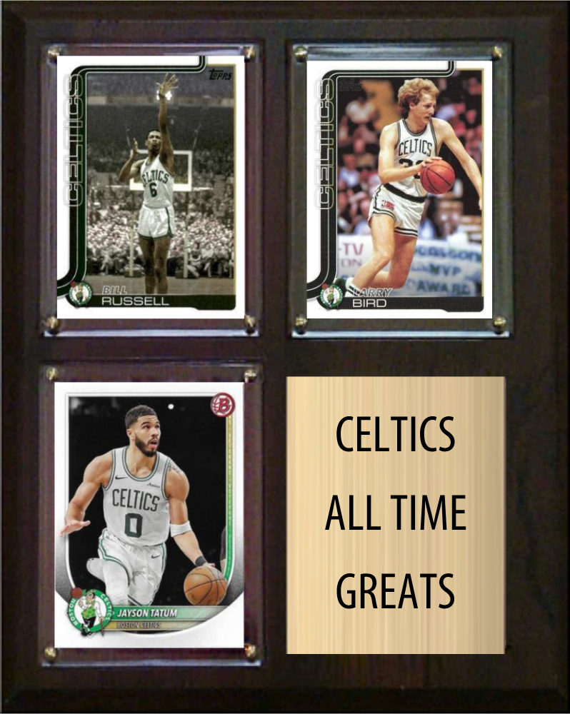 Boston Celtics All-Time Greats Fan Cave Plaque 8x10 3 Cards Bill Russell Larry Bird Jayson Tatum