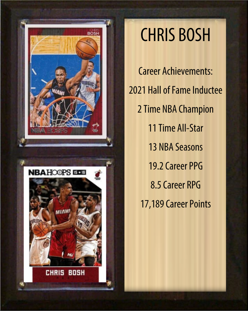 Chris Bosh Miami Heat Hall of Fame Stats Plaque 8x10 2 Cards Hoops, Prizm, Donruss 2024 2025 2026