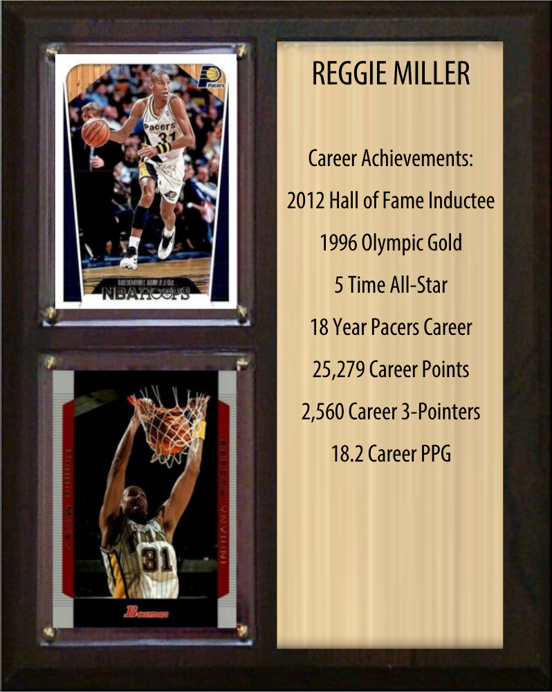 Reggie Miller Indiana Pacers Hall of Fame Stats Plaque 8x10 2 Cards Hoops, Prizm, Donruss 2024 2025 2026