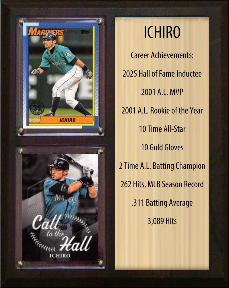 Ichiro Seattle Mariners Hall of Fame Stats Plaque 8x10 2 Cards Topps, Bowman 2024 2025 2026