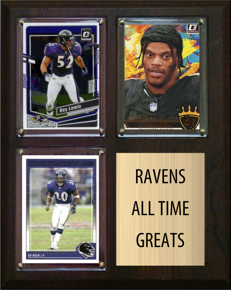 Baltimore Ravens All-Time Greats Fan Cave Plaque 8x10 3 Cards Ray Lewis Lamar Jackson Ed Reed