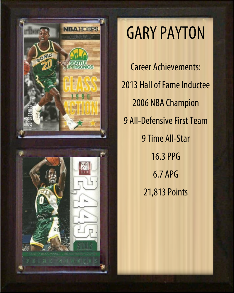 Gary Payton Seattle SuperSonics Hall of Fame Stats Plaque 8x10 2 Cards Hoops, Prizm, Donruss 2024 2025 2026