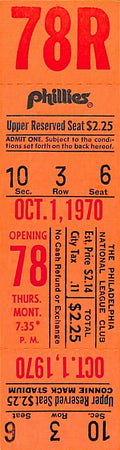 October 1, 1970 Full Ticket Final Game Phillies Connie Mack Stadium 187846