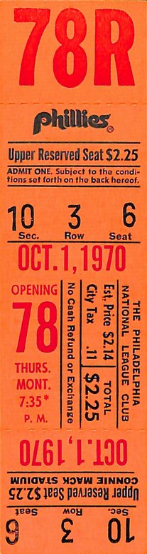 October 1, 1970 Full Ticket Final Game Phillies Connie Mack Stadium 187846