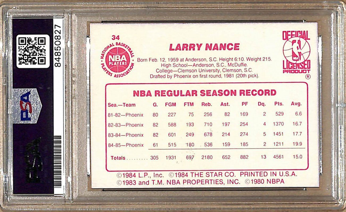 1985-86 Star Company #34 Larry Nance Suns Signed/Auto Card PSA/DNA 178979