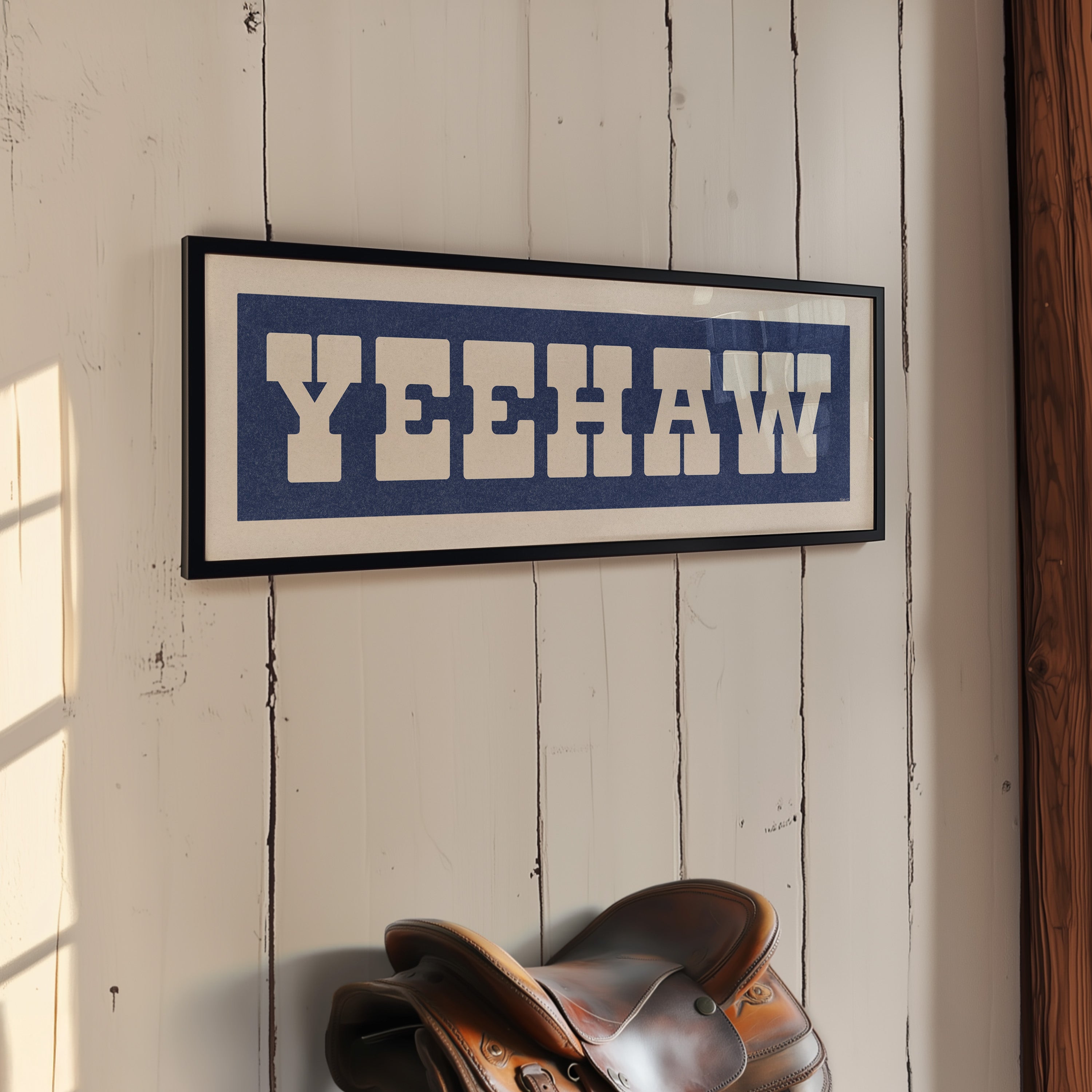 Framed YEEHAW Sign Blue & White Art Print