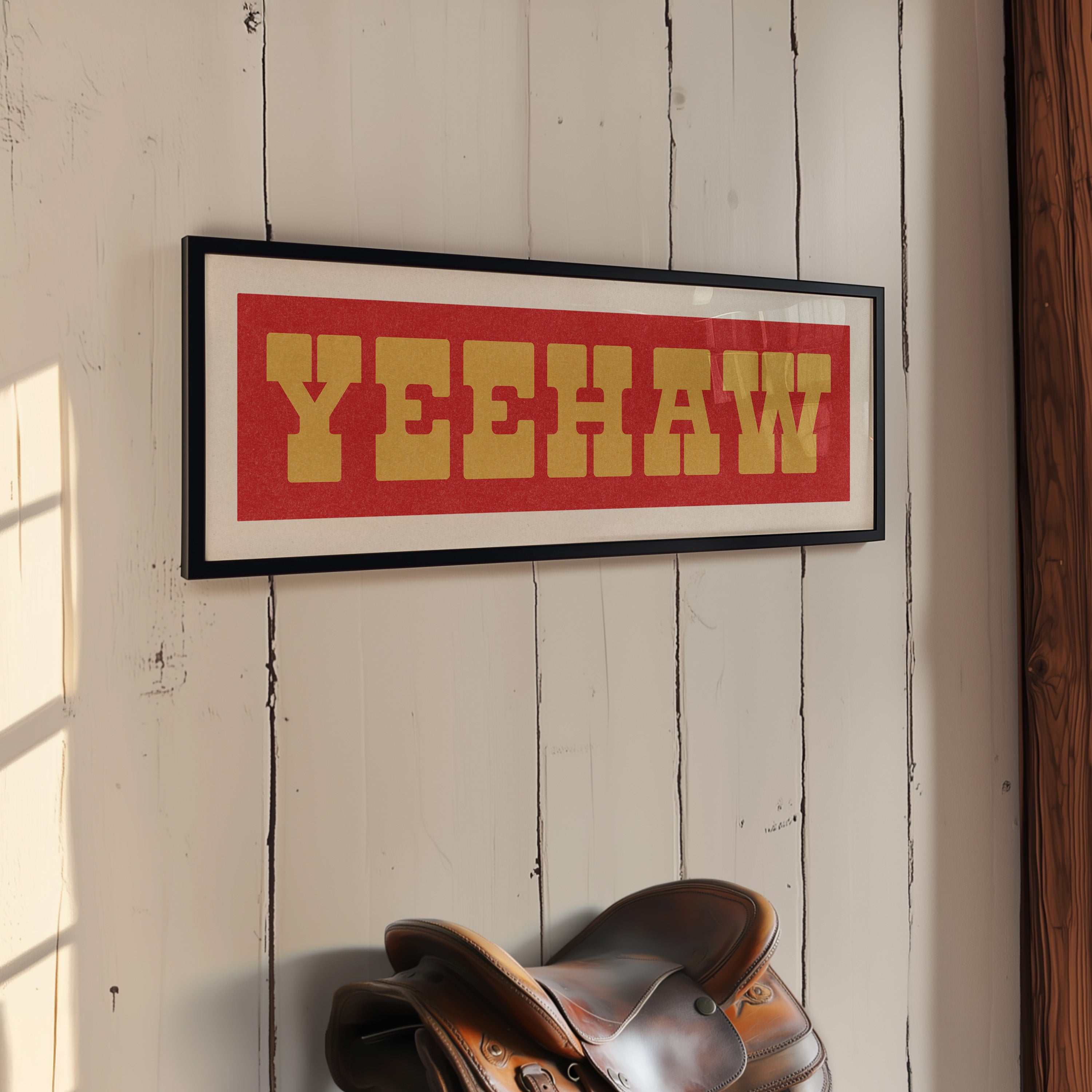 Framed YEEHAW Sign Red & Gold Art Print