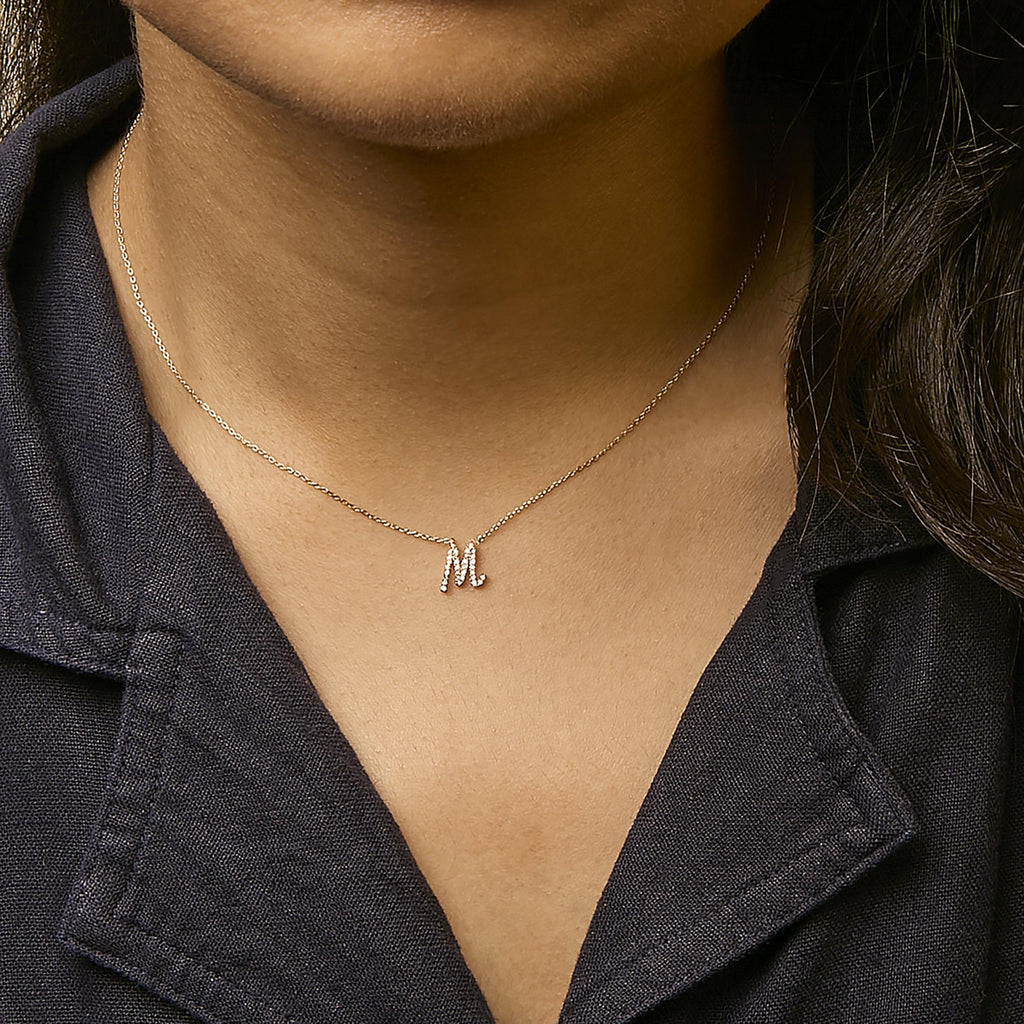 14K Yellow Gold Diamond Accent "A-Z" Initial Script Style Pendant Necklace