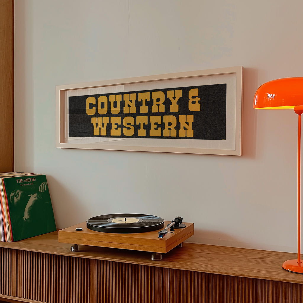 Framed COUNTRY & WESTERN Sign Black & Gold Art Print