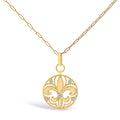 14K Yellow Gold 1/4 Cttw Round Diamond Openwork Fleur de Lis Medallion Pendant Necklace
