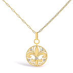 14K Yellow Gold 1/4 Cttw Round Diamond Openwork Fleur de Lis Medallion Pendant Necklace