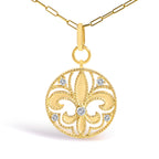 14K Yellow Gold 1/4 Cttw Round Diamond Openwork Fleur de Lis Medallion Pendant Necklace