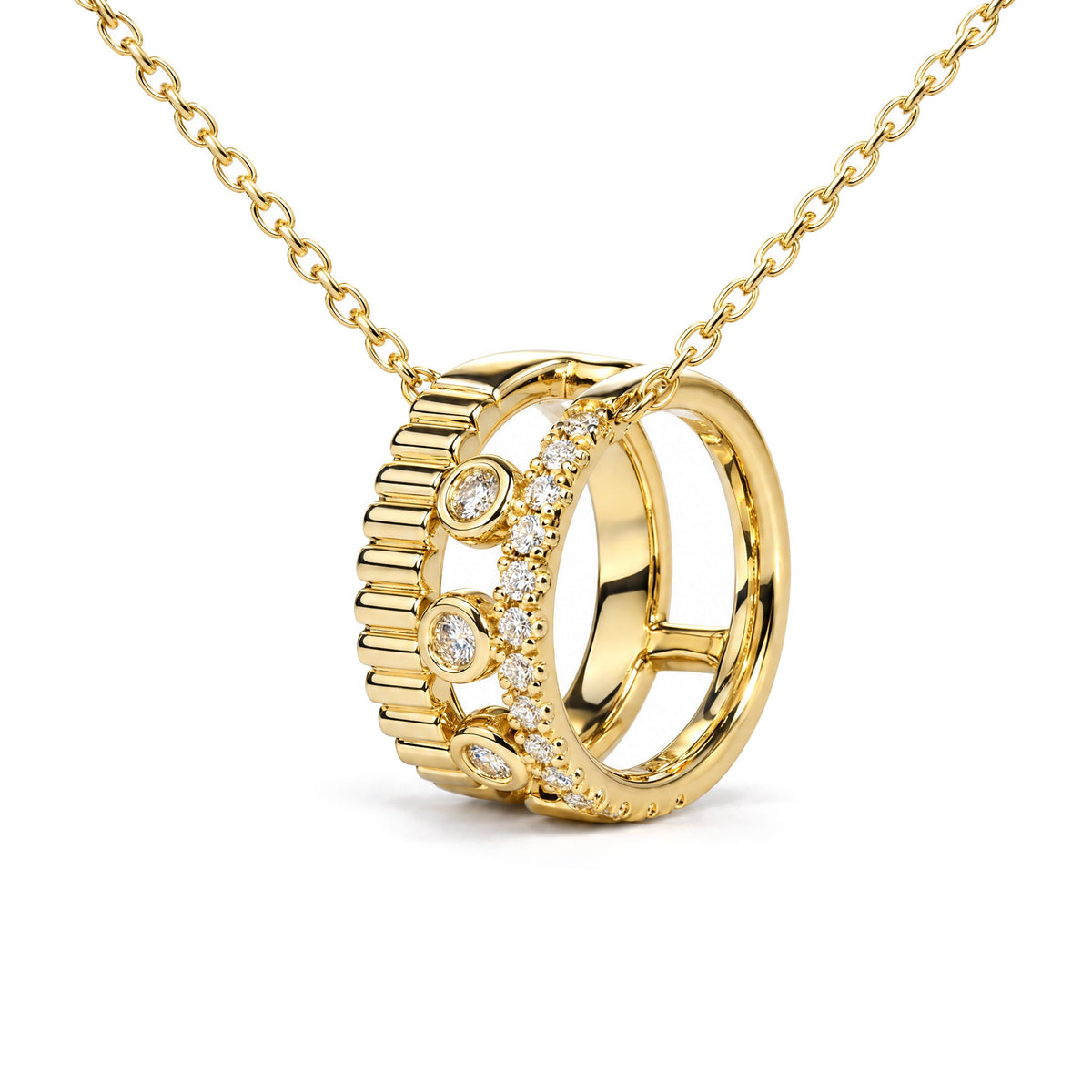 10K Yellow Gold 1/5 Cttw Diamond 3 Row Circle Pendant Necklace