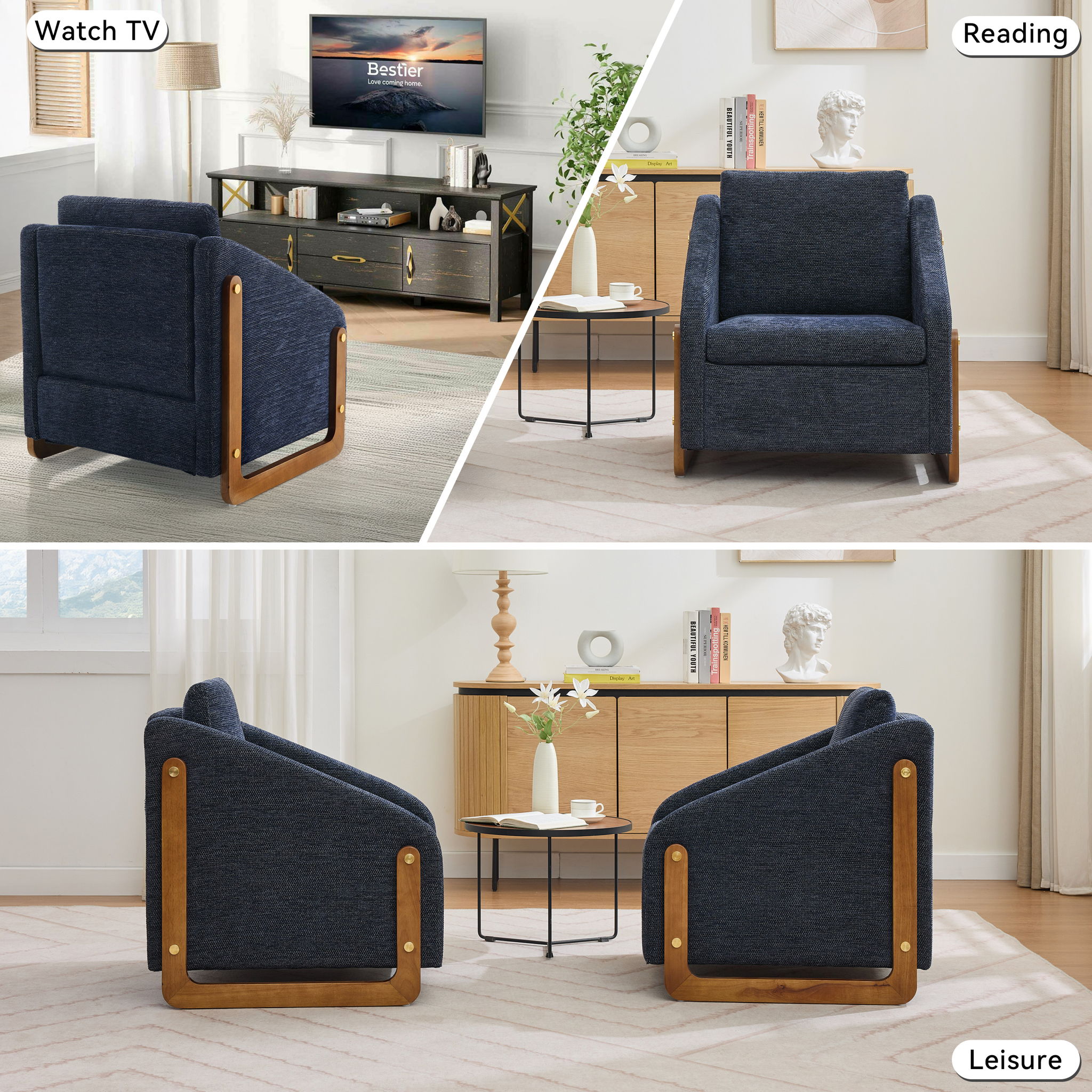 Modern Upholstered Armchair With Wooden Side Frame