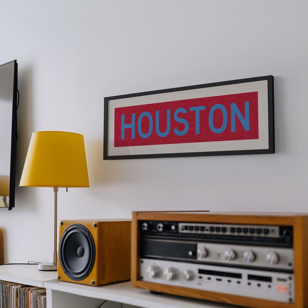Framed Houston Baby Blue Bus Scroll