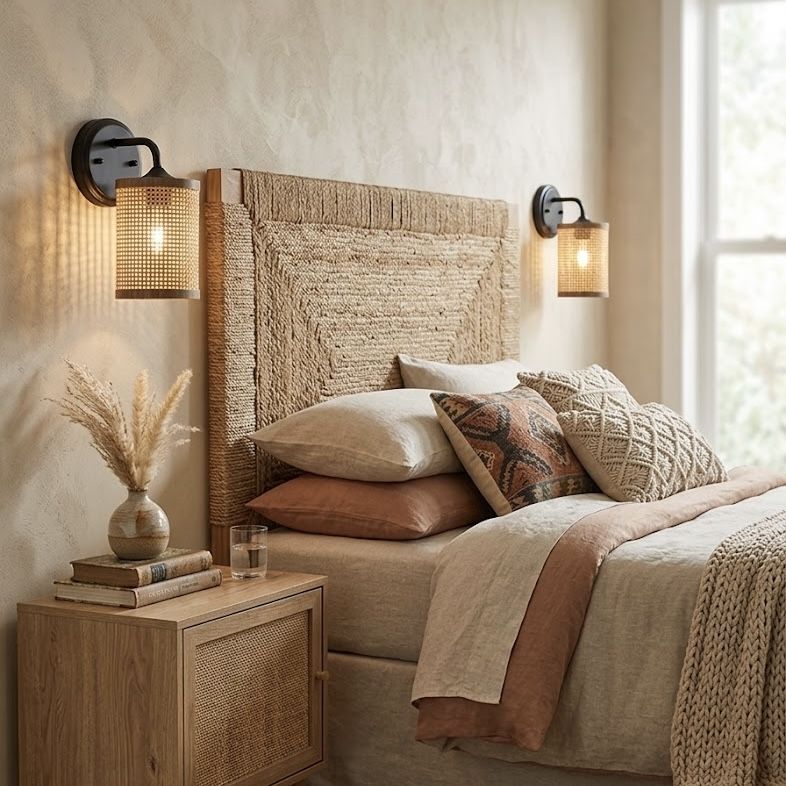 Reef - Single Lights Wall Sconce With Natural Shade Rustic - Black / Rattan