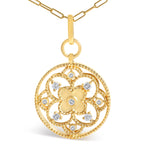 14K Yellow Gold 1/4 Cttw Diamond Filigree Flower Medallion Pendant Necklace