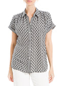 Max Studio Women's Short Sleeve Button Collar Blouse US Large, Black/Cream