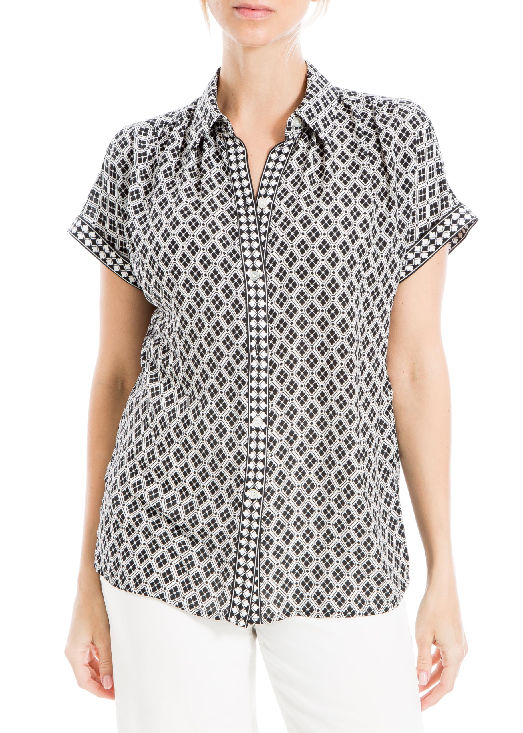 Max Studio Women's Short Sleeve Button Collar Blouse US Large, Black/Cream