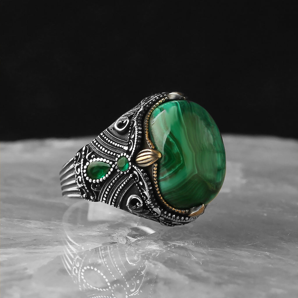 925 Sterling Silver Genuine Malachite Stone Ring