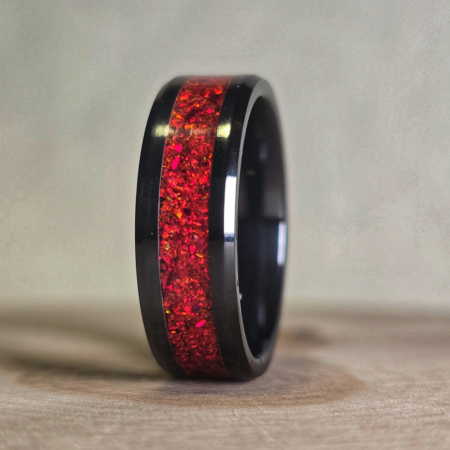 Black Carbide Ring // with Red Crimson Opal // 8mm Width