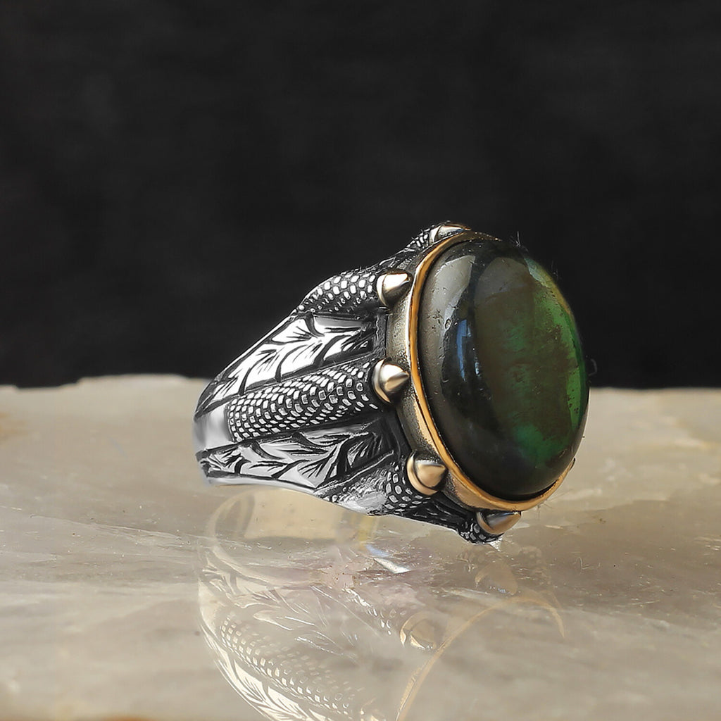 925 Sterling Silver Genuine Labradorite Stone Claw Shape Ring