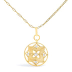 14K Yellow Gold 1/4 Cttw Diamond Star Flower Medallion Pendant Necklace