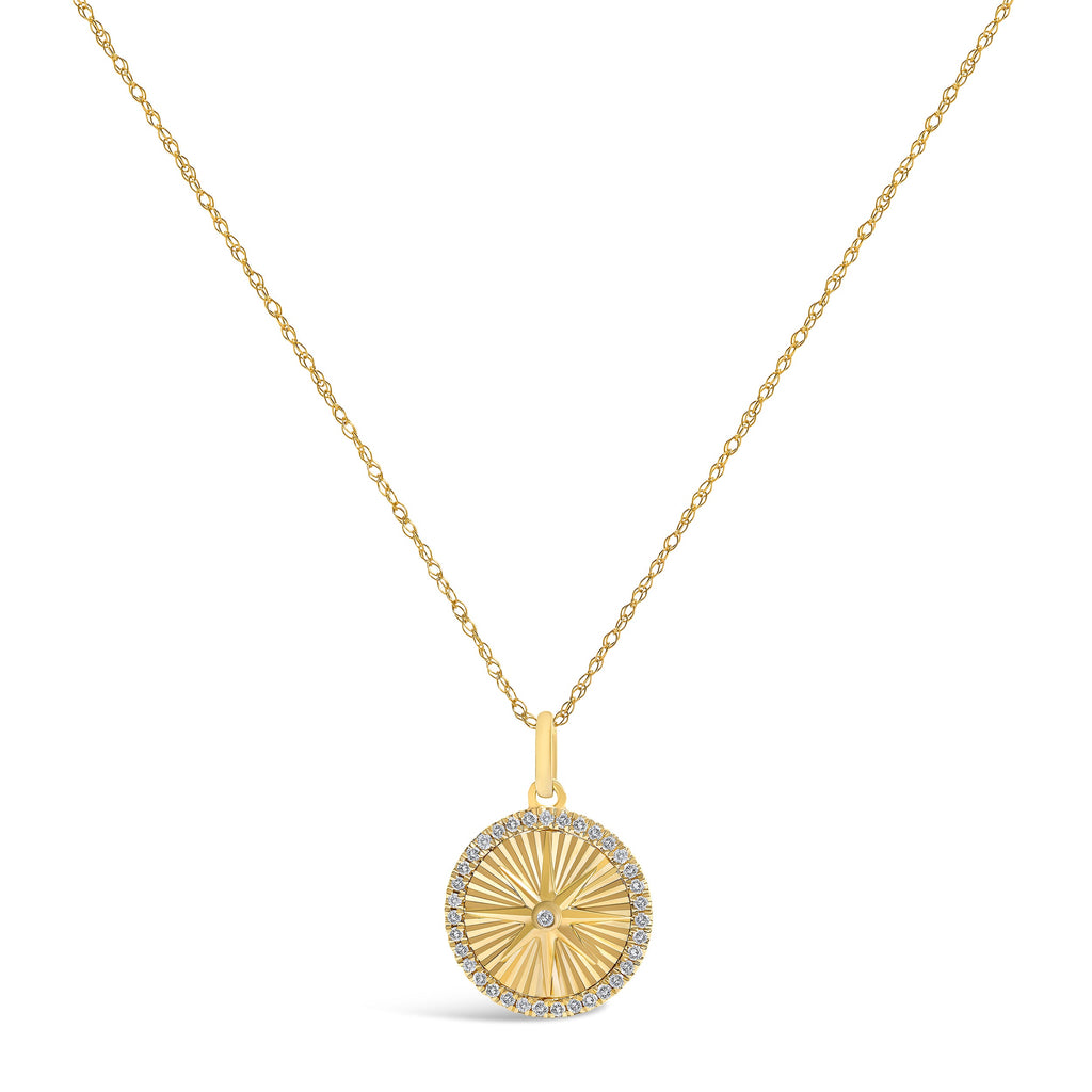 14K Yellow Gold 1/5 Cttw Diamond Starburst Fluted Medallion Pendant Necklace