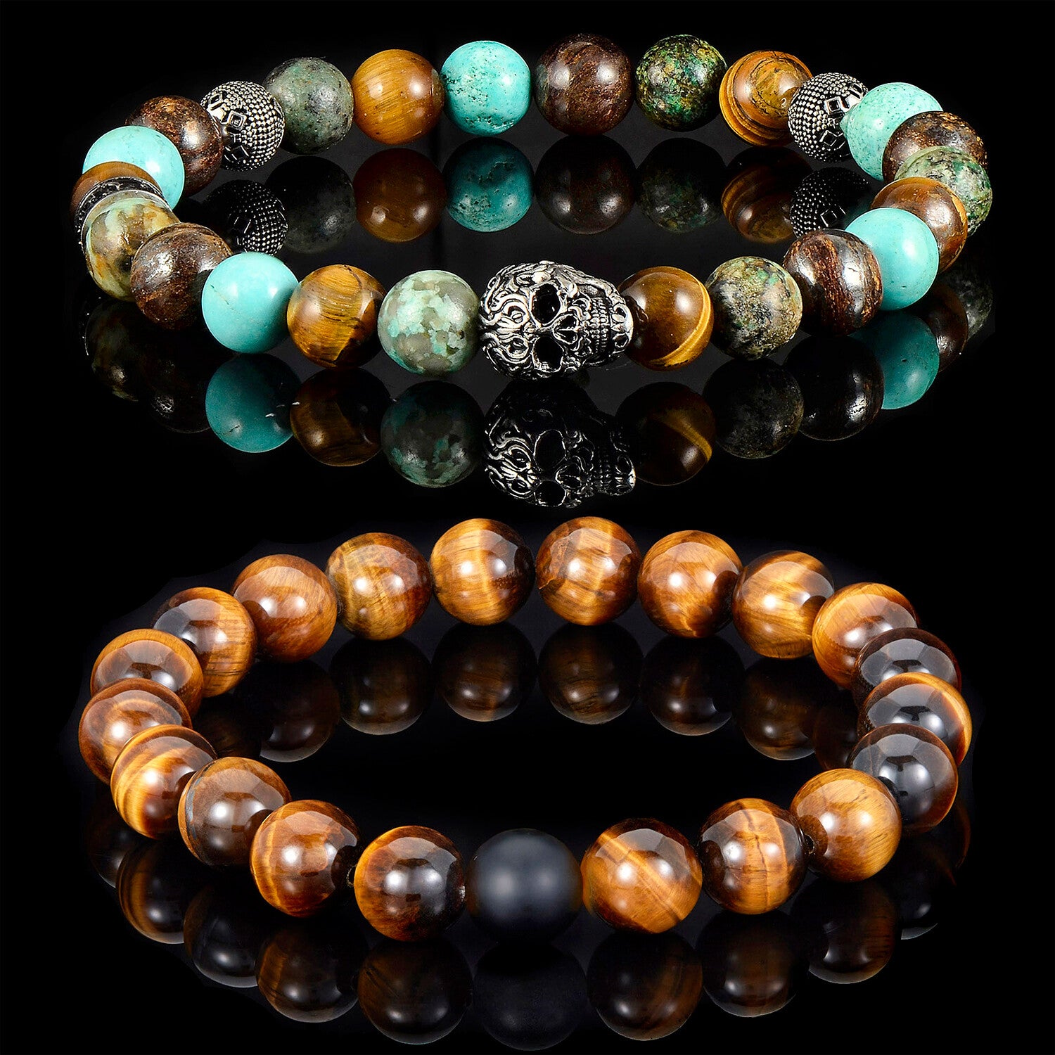 Skull Bead + Tiger Eye + Turquoise + African Turquoise + Bornite Stretch Bracelets // Set of 2 // 8"