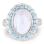 7.21 Carat Genuine White Rainbow Moonstone & Swiss Blue Topaz .925 Sterling Silver Ring