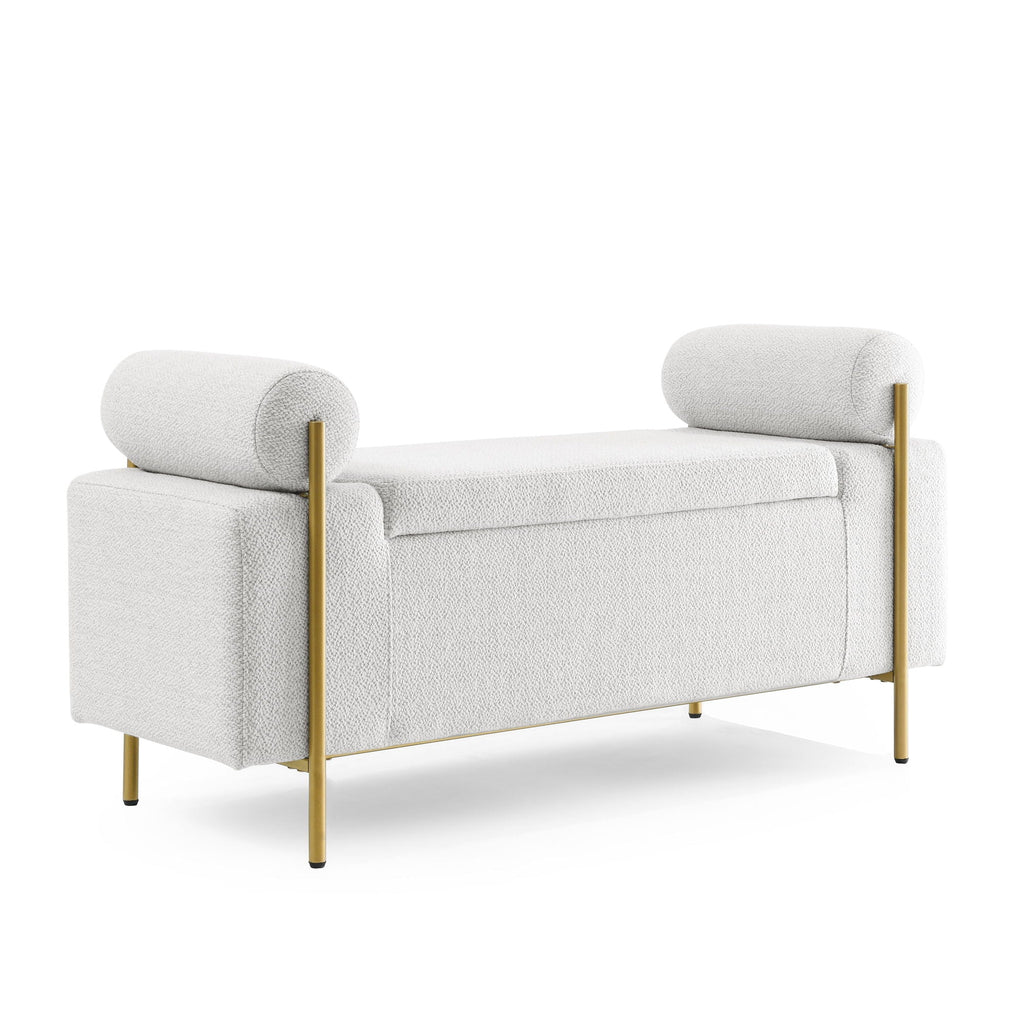 Elegant Upholstered Storage Bench With Cylindrical Arms And Iron Legs