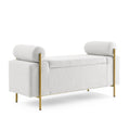 Elegant Upholstered Storage Bench With Cylindrical Arms And Iron Legs