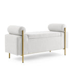 Elegant Upholstered Storage Bench With Cylindrical Arms And Iron Legs