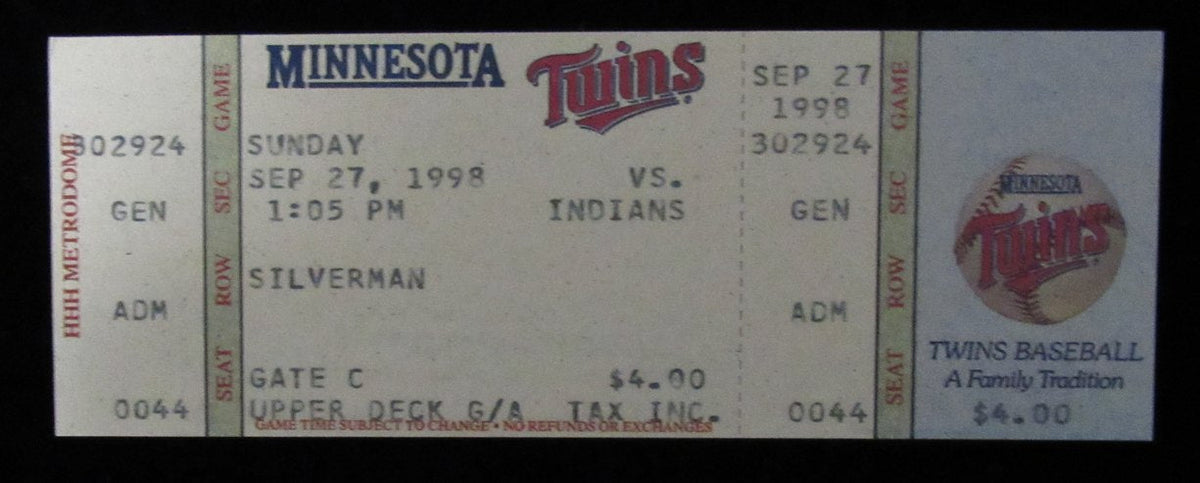 September 27, 1998 Full Ticket Twins vs. Indians Paul Molitor Final Game 184918