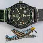P-51 Mustang Tribute - Stainless Steel, Black Finish, Black Leather Band
