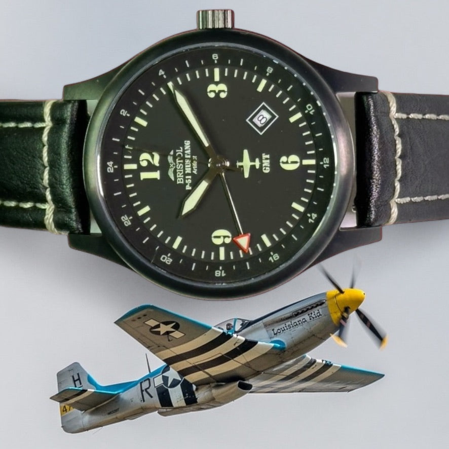 P-51 Mustang Tribute - Stainless Steel, Black Finish, Black Leather Band