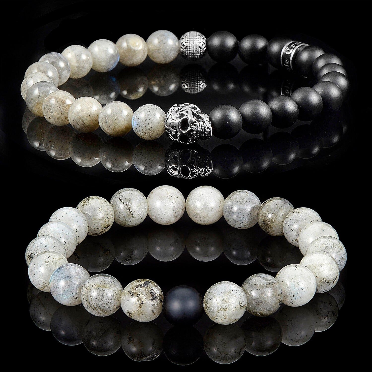 Skull + Labradorite + Matte Onyx Stone Stretch Bracelets // Set of 2 // 8.25"